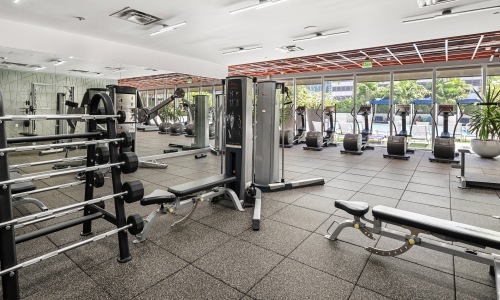 work out machines and equipment is large fitness center with cardio in background