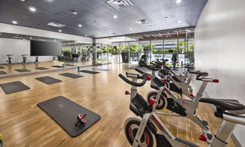 fitness studio with mats and equipment at monarc